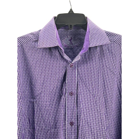 Bugatchi Mens Purple Checkered Long Sleeve Button-Down Shirt Cotton Blend - Picture 11 of 11